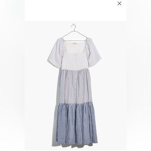 Madewell Patchwork Gingham Button Front Tiered Midi Dress, size XL